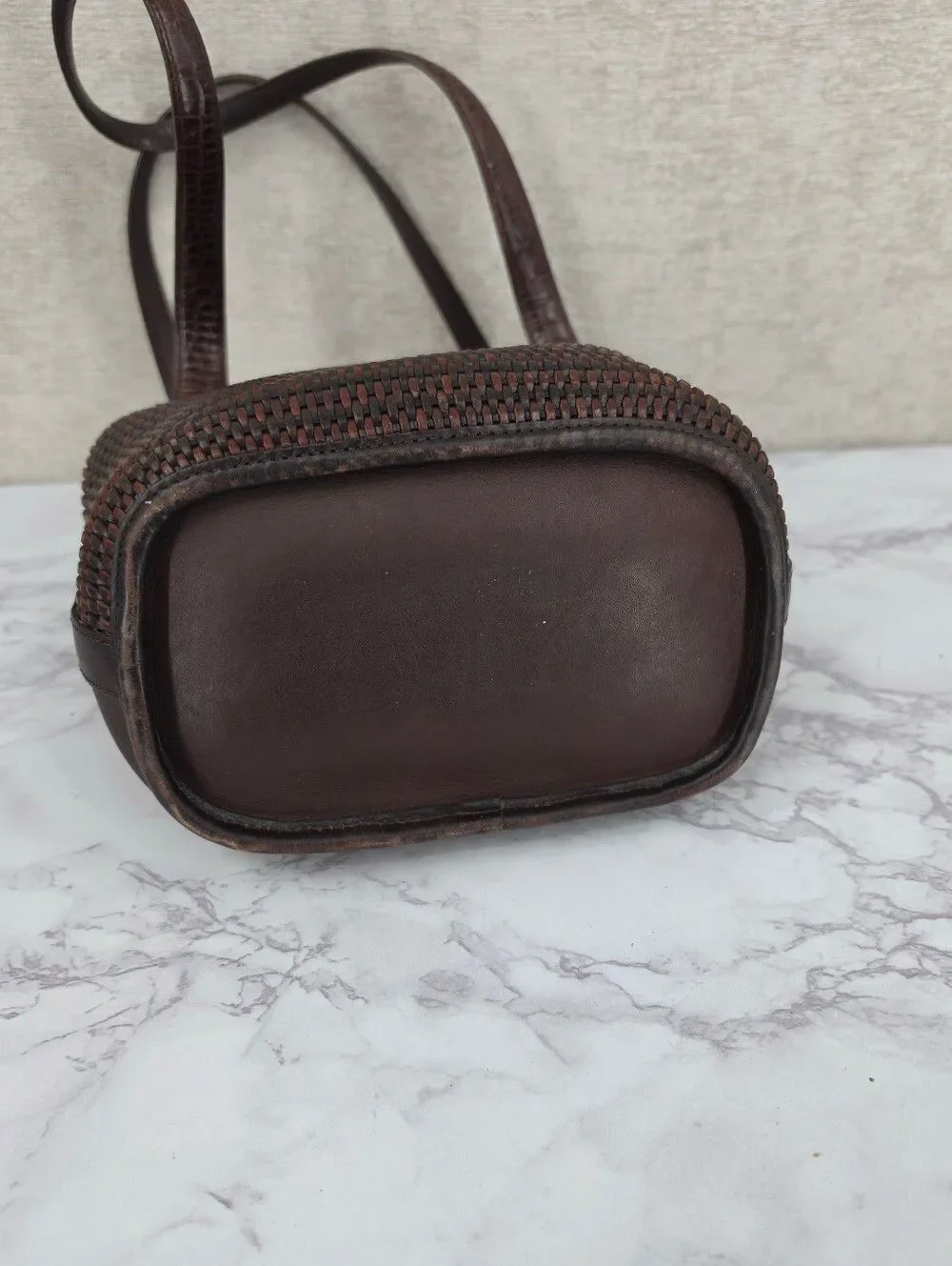 Brighton Vintage Leather Basket Weave Brown Croc-Accent Woven Tote Shoulder Bag